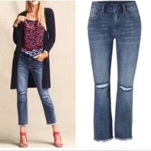 CAbi Jeans Cropped High Rise Straight Boho Gypsy Raw Hem Distressed Size 4 #5495